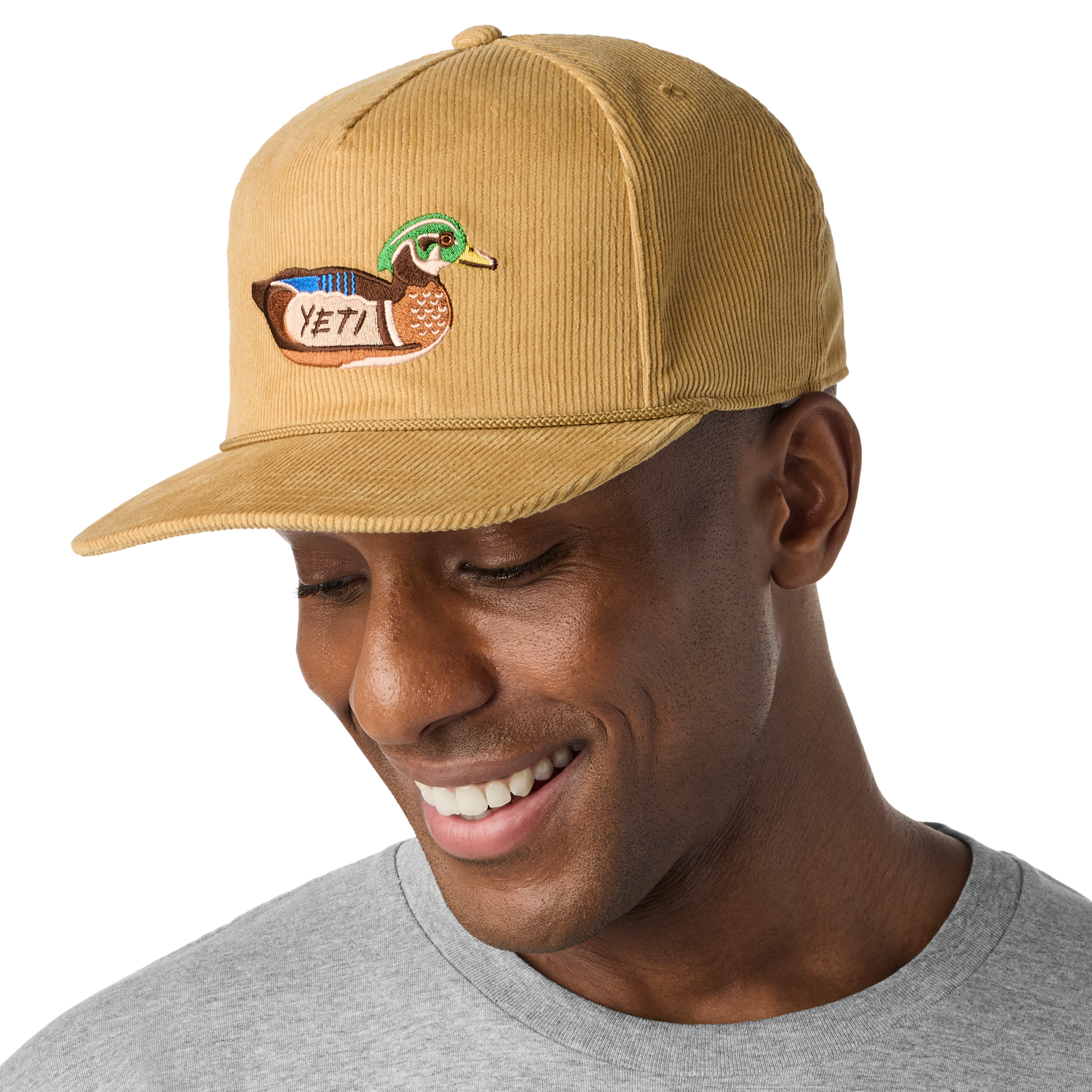 Corduroy Flat Brim Rope Hat, Brown, large